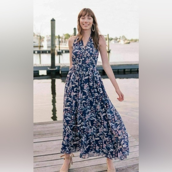 Anthropologie Gal Meets Glam Floral Halter Neck Maxi Flowy Dress Blue size 12. - Picture 7 of 16